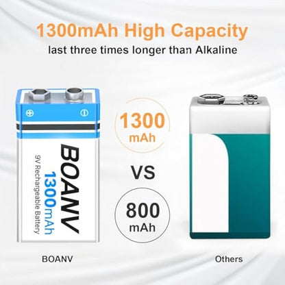6 Pack 9V Rechargeable Batteries 1300mAh, 9V Rechargeable USB Lithium Long Lasting Battery, with 2 in 1 Charging Cable, for Smoke Detectors, Alarms, Keypad, Microphone