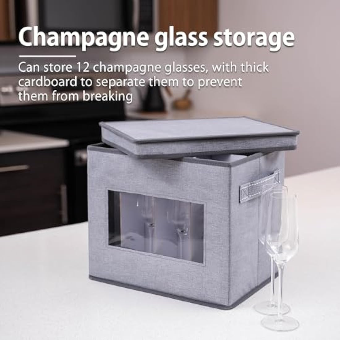 VENO 2 Pack Champagne Flute Glass Storage Box with Lid and Handles, Moving Boxes for Glasses, China Organizer Container, Glassware Holder, Dividers for 12 Glasses (2 Pack, Champagne Flute)