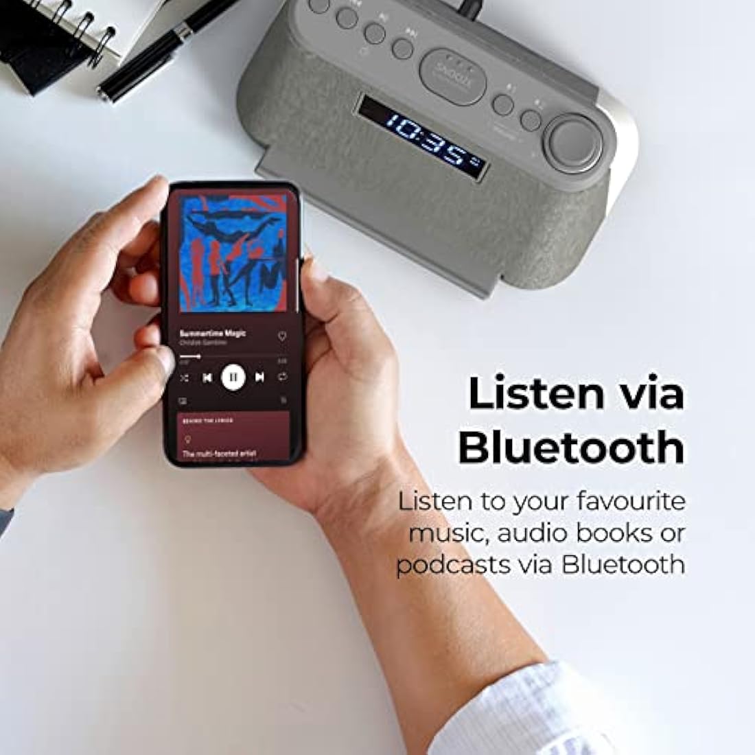 i-box Alarm Clocks Bedside, Alarm Clock with Wireless Charging, Bluetooth Speaker, FM Radio, Qi Wireless Charger, White Noise Machine, Night Light/Mood Light, USB Port, Dimmable, Non Ticking