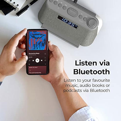 i-box Alarm Clocks Bedside, Alarm Clock with Wireless Charging, Bluetooth Speaker, FM Radio, Qi Wireless Charger, White Noise Machine, Night Light/Mood Light, USB Port, Dimmable, Non Ticking