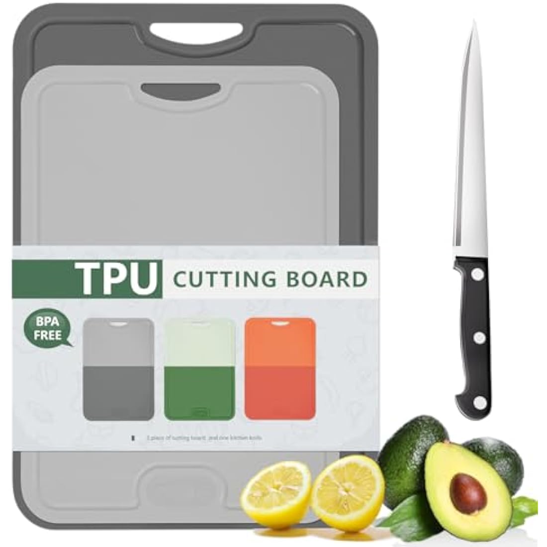 Gintan Flexible TPU Cutting Board, BPA Free with Knife and Juice Groove, Scratch-Resistant Flexible Chopping Boards for Kitchen, Dishwasher Safe, Easy Grip Handle, Non-Slip (L-Dark Grey + S-Grey)