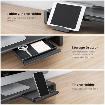 Foldable Monitor Stand - Klearlook Computer Monitor Riser with Storage Drawer&Tablet Phone Stand| Width Adjustable Monitor Stands for Desks| Desk Shelf Riser for Computer, Desktop, Laptop| Black