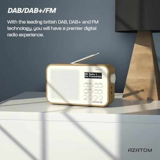 DAB/DAB+ & FM Portable Digital Radio | Simple Controls | Dual Alarms & Sleep Timer | Battery & Mains Powered (4x”AA”) | Bluetooth | Perfect for Home, Office or Outdoors | AZATOM Desire X2 (Oak)