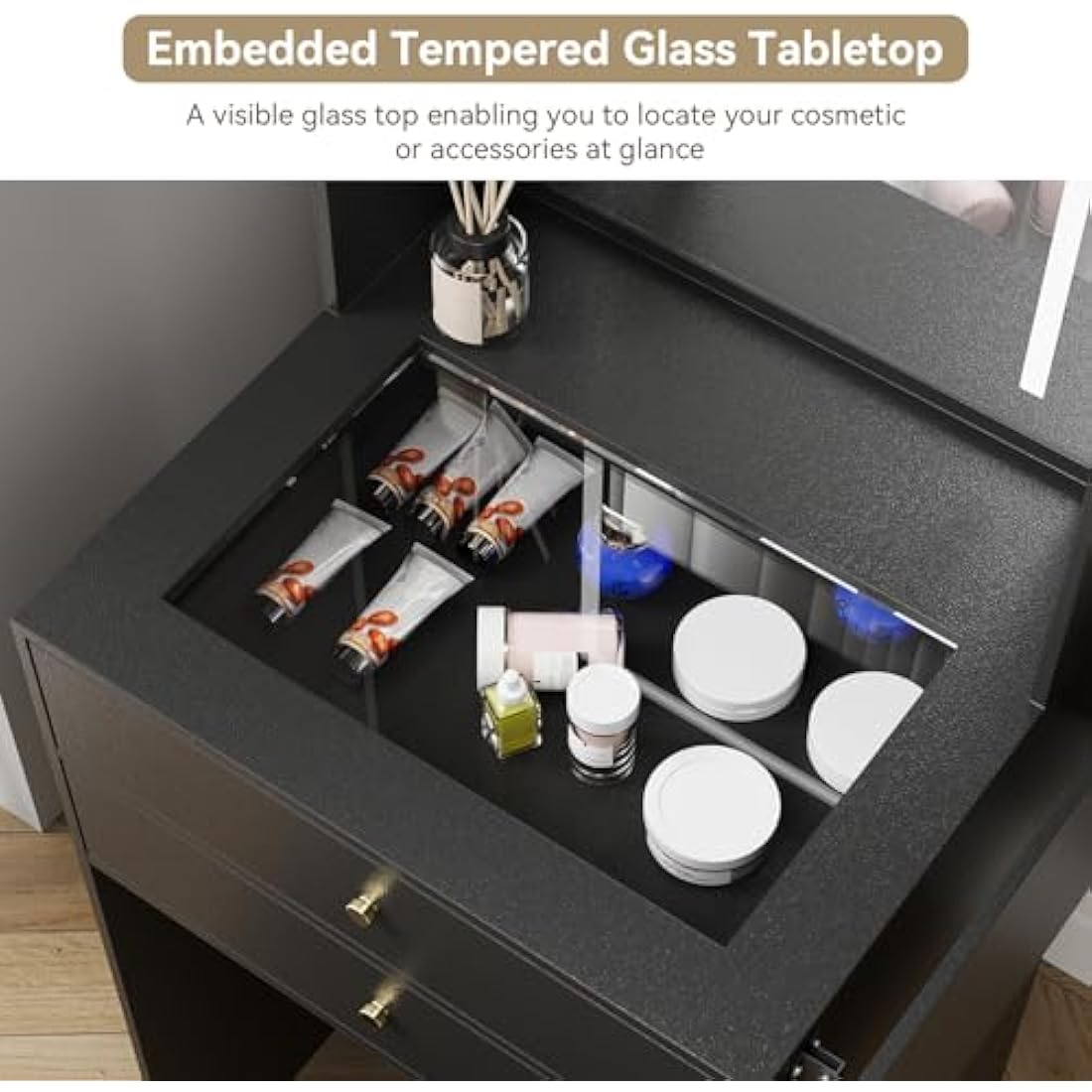 YOURLITE Dressing Table with LED Lights, Vanity Table with Adjustable Brightness Mirror, Glass Tabletop Makeup Desk with 2 Drawers & shelves, Small Compact Black Makeup Table with Fold-up Panel