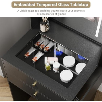 YOURLITE Dressing Table with LED Lights, Vanity Table with Adjustable Brightness Mirror, Glass Tabletop Makeup Desk with 2 Drawers & shelves, Small Compact Black Makeup Table with Fold-up Panel