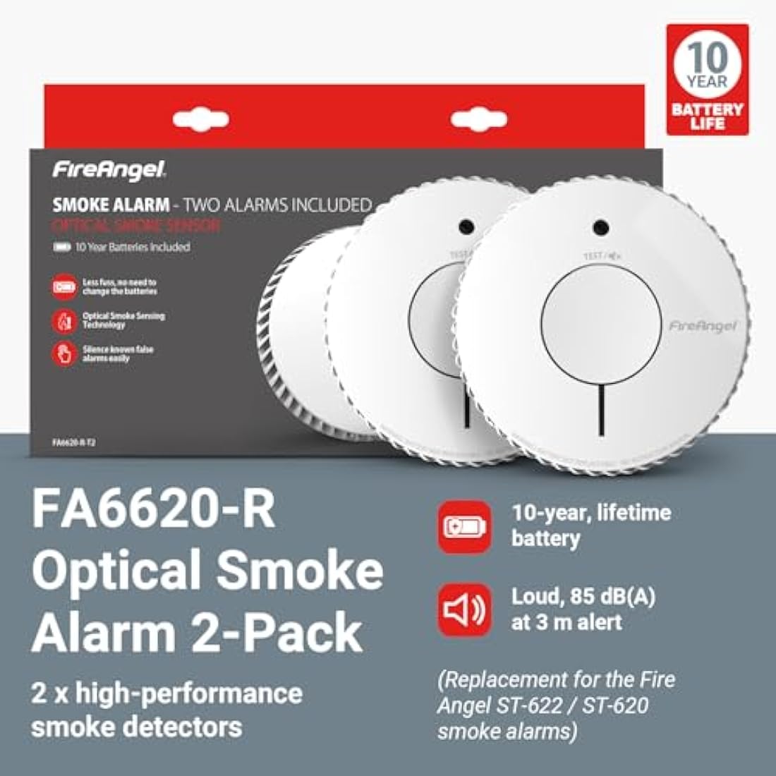FireAngel Optical Smoke Alarm 2-Pack - FA6620 10-Year Battery Smoke Alarms for Home with Test/Silence Button - Replacement for FireAngel ST-622/ST-620 - Early Smoke Detector Fire Alarm - White