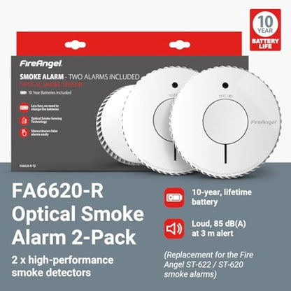 FireAngel Optical Smoke Alarm 2-Pack - FA6620 10-Year Battery Smoke Alarms for Home with Test/Silence Button - Replacement for FireAngel ST-622/ST-620 - Early Smoke Detector Fire Alarm - White
