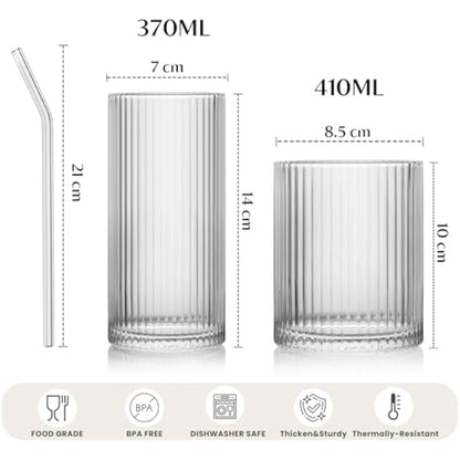 INSETLAN 8 Piece Ribbed Glassware - 4 Highball Glasses 12 oz, 4 Rocks Glass Cups 14 oz, Vintage Cocktail Drinking Glasses, Ideal for Wine, Juice, Water, Ice Coffee Cup, Whiskey, Mixed Drinkware