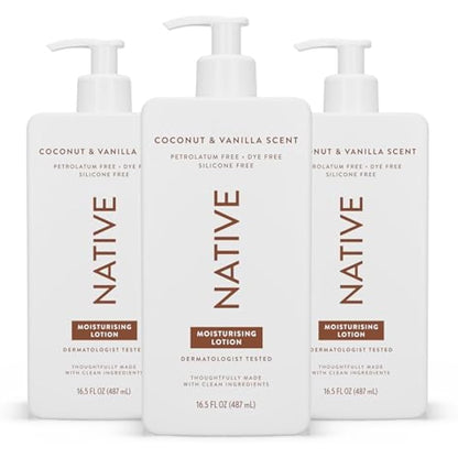Native Body Lotion for Men & Women - Silicone & Dye Free - Coconut & Vanilla Scented Hand Lotion + Body Moisturizer for Dry Skin - Naturally Derived with Shea Butter & Glycerine (3 Pack, 487ml)