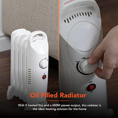 Warmlite WL43002YW 5 Fin Oil Filled Radiator with Adjustable Thermostat and Overheat Protection, 650W, White