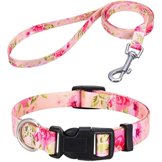 Mihqy Dog Collar and Lead Set with Bohemia Floral Tribal Geometric Patterns - Soft Ethnic Style Collar Adjustable for Small Medium Large Dogs(Pink Rose Set,L)