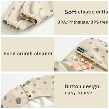 PewinGo Weaning Bib with Long Sleeves & BLW, Soft and Skin-Friendly Material, Coverall Bibs for Baby Feeding, Waterproof and Easy to Clean & Machine Washable,for Baby Infant Toddlers (Beige)
