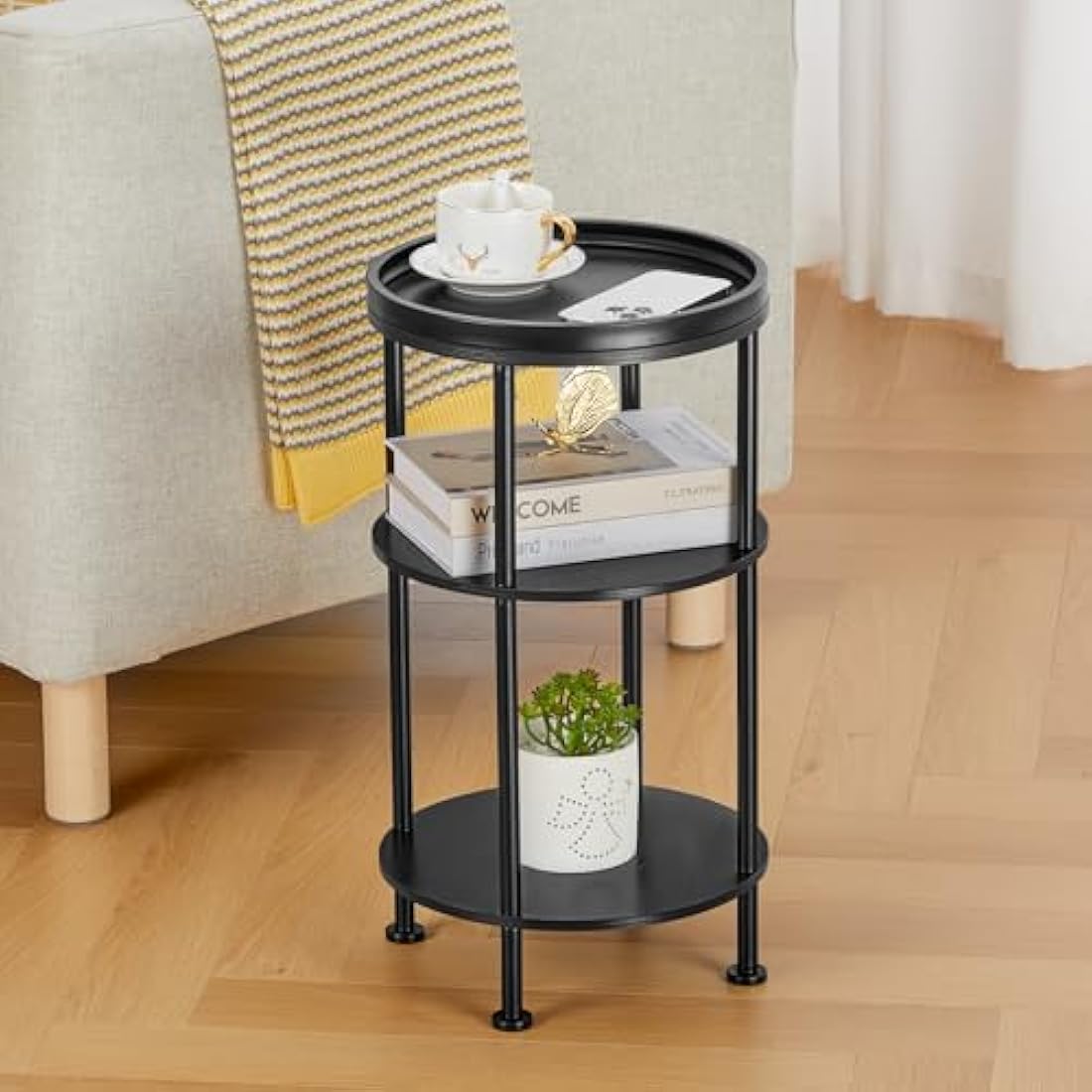 YEAKOO Nordic End Table, 3-Tier 30cm Round Side Table with Storage Shelf Edge Protection Tray, Sturdy Metal Frame Coffee Table Bedside Table for Living Room Bedroom Small Spaces/Black