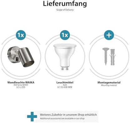 ledscom.de 2 pcs Wall spot WAIKA Switch Chrome matt LED lamp Warm White 3-Step dimming 500lm