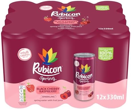 Rubicon Spring 12 Pack Black Cherry Raspberry, Sparkling Spring Water with Real Fruit Juice & Natural Flavours, , Only 9 Calories - 12 x 330ml Multipack Cans