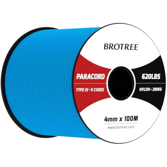 Brotree Paracord 4mm 100M 9 Strands 100% Nylon Rope Type 3 Parachute Cord for Outdoor, Bracelet, DIY - 280kg Breaking Load (Blue)