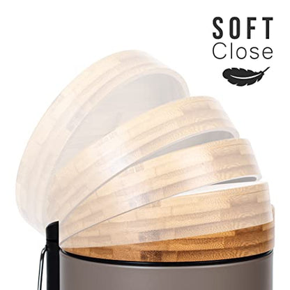Kazai. 3L Designer Bathroom Bin | Superior Bamboo | Soft Closing | Anti-Finger | Taupe (Dark)
