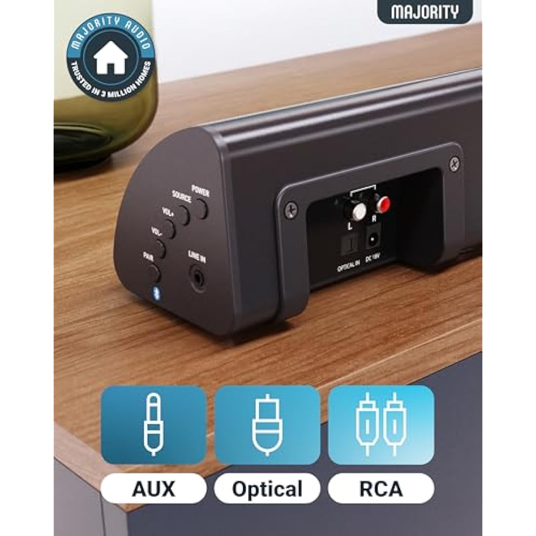 MAJORITY Bluetooth Sound Bar for TV | Built-in Subwoofer, 120 Watts 2.1 Channel Sound | RCA, Optical, and AUX Connection | Wall Mountable, Remote Control | Snowdon TV Soundbar