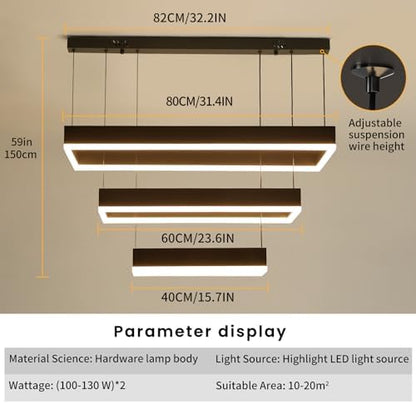 Mikeru Rectangular 3 Ring Pendant Light, 40+60+80CM Living Room Pendant Lights 3000K/4500K/6000K with Remote Control Minimalist Pendant Lamp 10%-100% Dimmable Black Chandelier for Restaurants