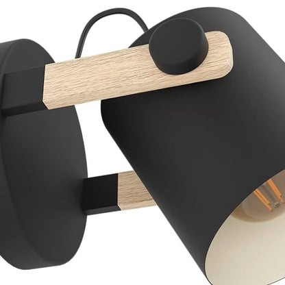 Eglo Infoor Wall Light Hornwood, Vintage Wall lamp in Industrial Design, Retro Lighting Made of Steel and Wood, Colour Black, Cream, Brown, Socket