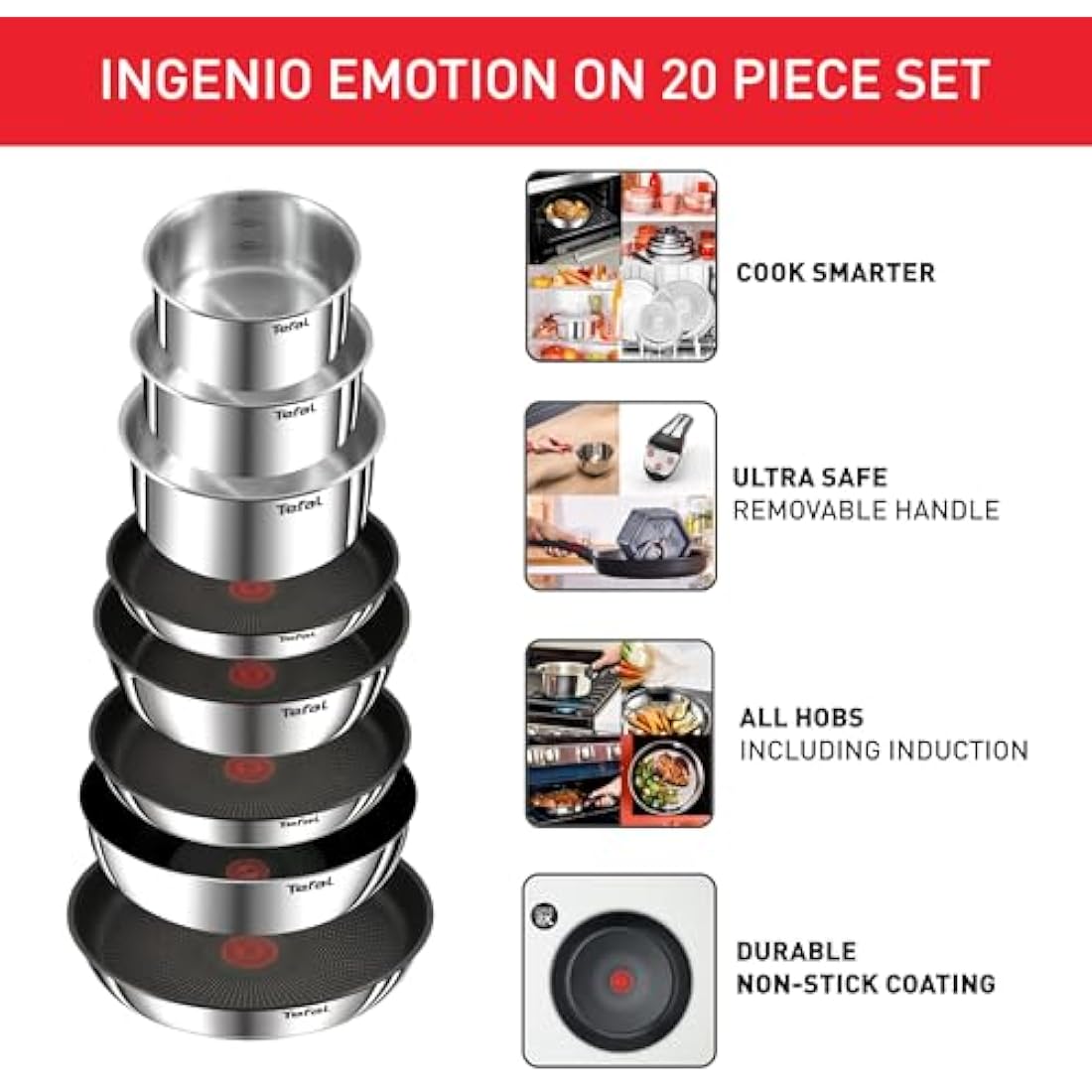 Tefal Ingenio Detachable Handle Pan 20pcs, Stainless Steel, Compact, Compatible with All hobs Induction & Oven, 2-in-1 Pans and bakeware Set, Stackable cookware Set Ideal for Small Kitchen storages