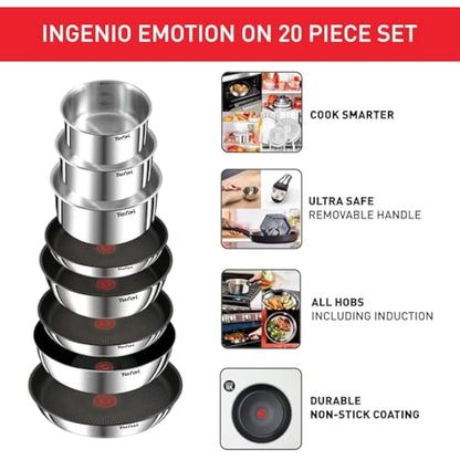 Tefal Ingenio Detachable Handle Pan 20pcs, Stainless Steel, Compact, Compatible with All hobs Induction & Oven, 2-in-1 Pans and bakeware Set, Stackable cookware Set Ideal for Small Kitchen storages