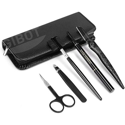 Gibot Stainless Steel Eyebrow Grooming Kit - 5pcs Set with Tweezers, Scissors, Brush Comb, Pencil, Razor and Travel Case for Women and Men, Black