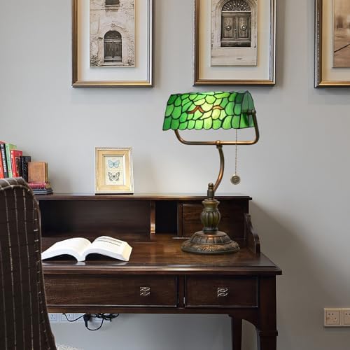 Blivuself Tiffany Style Green Bankers Desk Lamp Stained Glass Lamps Tree Leaf Vintage Bedroom Bedside Study Pull Chain Reading Desk Light Retro Office Led Adjustable Nightstand Antique Accent Deskla