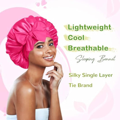 BONNET QUEEN Silk Bonnet for Sleeping for Curly Hair, Satin Bonnet Hair Wrap for Women & Men, Adjustable Silk Scarf Night Cap with Tie Band, Hot Pink