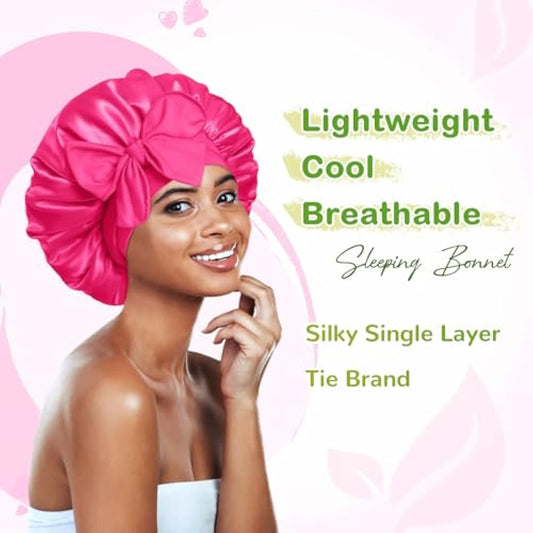 BONNET QUEEN Silk Bonnet for Sleeping for Curly Hair, Satin Bonnet Hair Wrap for Women & Men, Adjustable Silk Scarf Night Cap with Tie Band, Hot Pink
