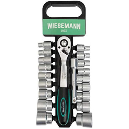 WIESEMANN 1893 Socket Wrench Set 20 pcs with 1/2" Ratchet, 8mm - 32mm Hexagon bit Inserts and Extension 125mm Chrome Vanadium Steel with Holder from I 80041