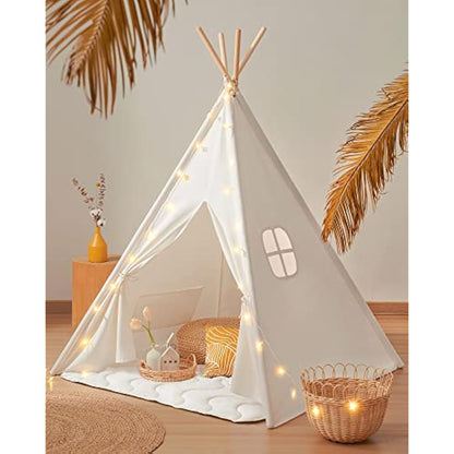 Tiny Land Kids Teepee Tent with Padded Mat & Light String& Carry Case- Kids Foldable Play Tent for Indoor Outdoor, Raw White Canvas Teepee - Kids Playhouse - Portable Kids Tent,Off-White 1.6m