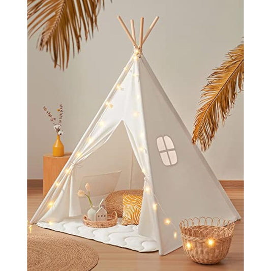 Tiny Land Kids Teepee Tent with Padded Mat & Light String& Carry Case- Kids Foldable Play Tent for Indoor Outdoor, Raw White Canvas Teepee - Kids Playhouse - Portable Kids Tent,Off-White 1.6m