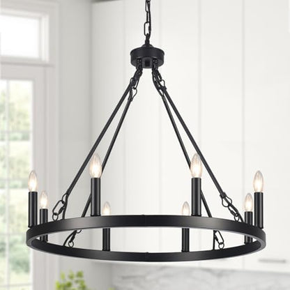 ASHUAQI Wagon Wheel Chandelier, 8-Light Black Chandelier Ceiling Lights Living Room, Rustic Modern Farmhouse Chandeliers Ceiling Light for Dining Room, Kitchen, Hallway, Bedroom, Hall