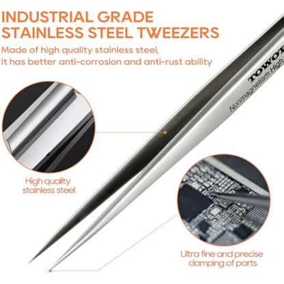 Stainless Steel Heat Resistant Tweezers, 5 PCS - Craft, Electronics, Jewelry-Making, Non-Magnetic by TOWOT