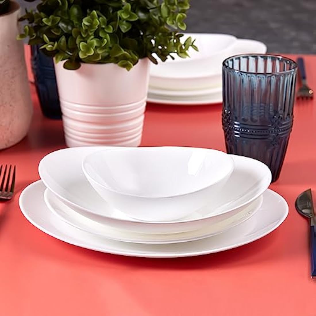 Karaca White Pure 24-Piece Glass Dinner Set for 6 People, Elegant Dinnerware, Heat-Resistant Tableware with Dinner Plates, Pasta, Cereal/Soup Bowls and Dessert/Side Plates