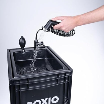 BOXIO - WASH Plus: Mobile Sink with Hand Pump, Shower Head, Mirror & Cleaning Beads - Van, Camping, Garden Sink with Tap, Plastic, Black