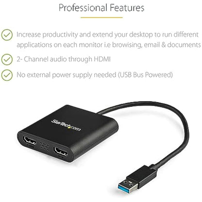 StarTech.com USB 3.0 to Dual HDMI Adapter - 1x 4K 30Hz & 1x 1080p - External Video & Graphics Card - USB Type-A to HDMI Dual Monitor Display Adapter - Supports Windows Only - Black (USB32HD2)