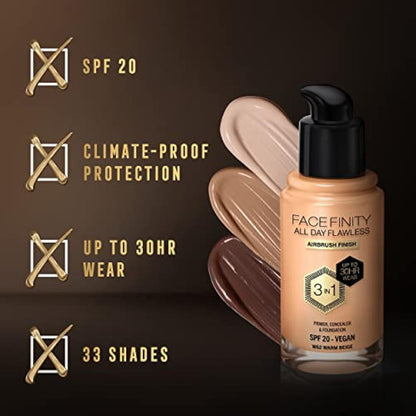 Max Factor Facefinity 3-in-1 All Day Flawless Liquid Foundation, SPF 20 - 62 Warm Beige, 30 ml