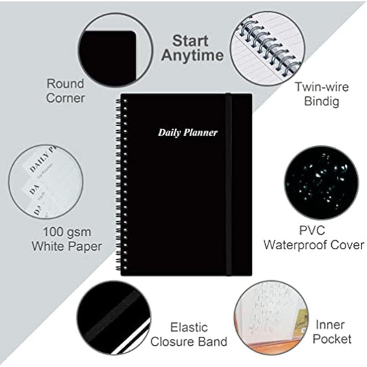 Daily Planner Undated - A5 To Do List Notebook Hourly Schedules, Spiral Appointment Planner for Women and Men, PVC Hardcover, Inner Pocket, Elastic Closure, 5.8" x 8.5", Black