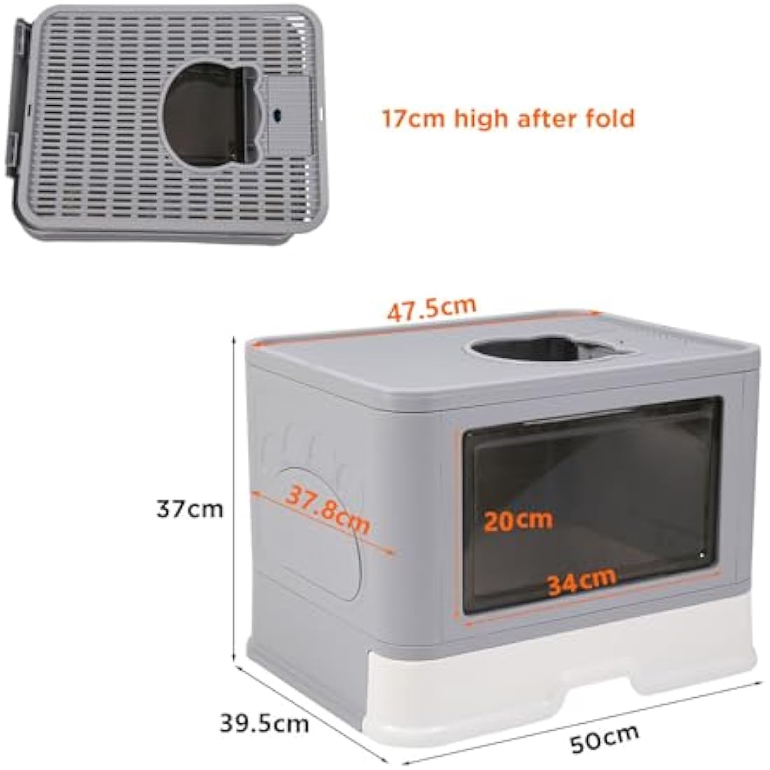 BingoPaw Cat Litter Tray Box: Foldable Large Top Entry Anti-Splashing Kitten Litter Box with Lid - Enclosed Hooded Kitty Potty - Drawer Type Cats Toilet Easy Cleaning with Scoop Grey