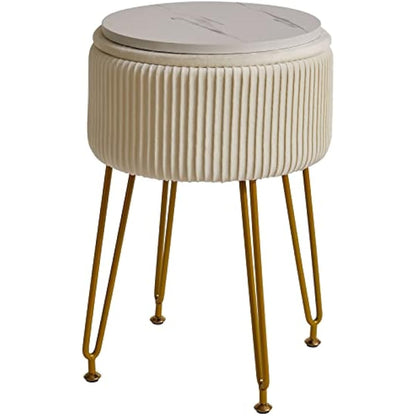 IBUYKE Velvet Storage Footrest Stool Ottoman, Makeup Vanity Stool Side Table with Golden Steel Legs Removable Cover, Coffee Table Top Cover, Creamy-White L/G-20M