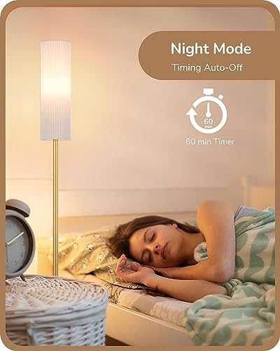 EDISHINE Floor Lamp, Standing Lamp with Wrinkled Linen Lampshade, Floor Lamps for Living Room, Bedroom, 165cm, E27 Socket(9W LED Dimmable Bulb Included), Magnetic Remote Control, Gold