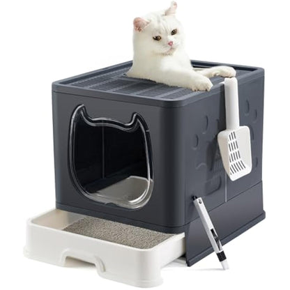Pawsayes Cat Litter Tray Litter box with Lid for Medium and Small Cats, Foldable Top Entry Kitten Litter Box with Drawer Pan and Scoop