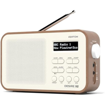 DAB/DAB+ & FM Portable Digital Radio | Simple Controls | Dual Alarms & Sleep Timer | Battery & Mains Powered (4x”AA”) | Bluetooth | Perfect for Home, Office or Outdoors | AZATOM Desire X2 (Walnut)