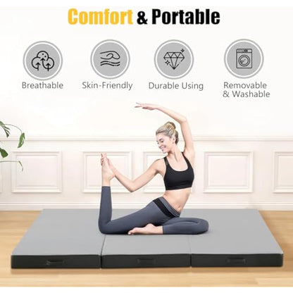 MeMoreCool Tri Fold Mattress 190x90cm, Single, 10cm Thick Foam Foldable Futon Mattress with Washable Cover, Portable Floor Guest Sleeping Mat for Travel, Camping, Grey