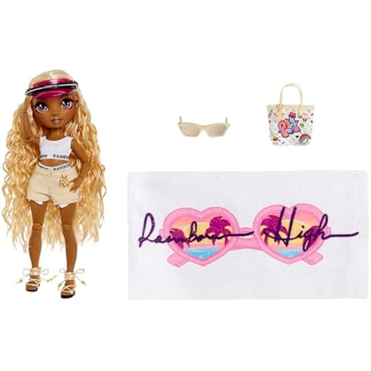 Rainbow High 578376EUC Pacific Coast-Harper Dune-Sand Fashion Doll with Outfit, Interchangeable Legs, & Display Stand-Includes Towel, Tote Bag, & More-Gift & Collectable for Kids Ages 6+ 578376