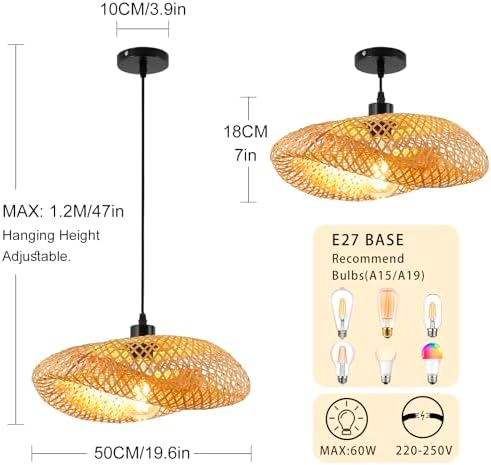 Schindora Bamboo Lampshade,Light Straw Retro Hat Pendant Light Creativity Pendant Light Fixtures Weaving Pendant Lighting Ceiling for Restaurant Tea Room Bedroom Living Room Cafe,50Cm