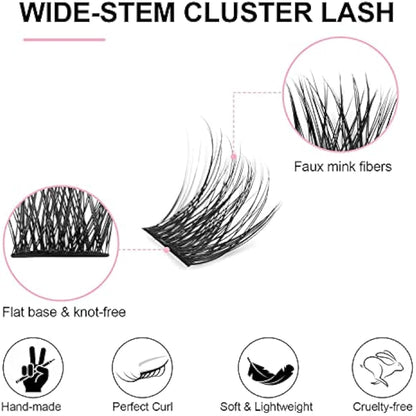 Cluster Lashes Extensions, 144Pcs Individual Clusters Lashes D Curl 15mm, Wide Stem Cluster Eyelashes Soft Natural False Eyelashes DIY Eyelash Extension At Home (15mm, 144P D Curl)