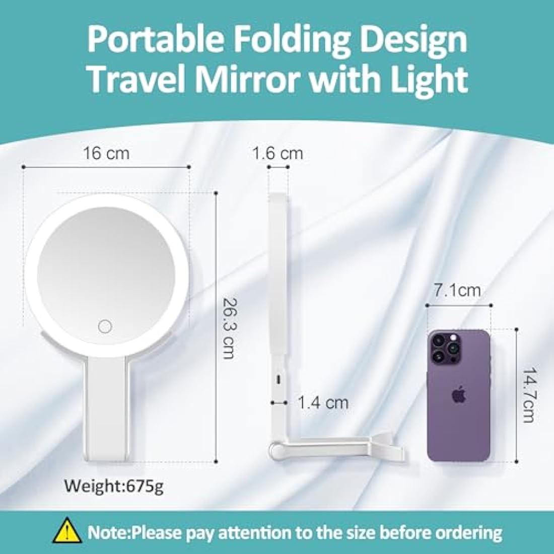 Travel Mirror with Light,Double-sided 20x/1x Magnifying Makeup Vanity Mirror,Rechargeable Adjustable Brightness 3 Colour Lighting,Folding,Handheld/Hangable/Tabletop,3 ways Using Mirror,White